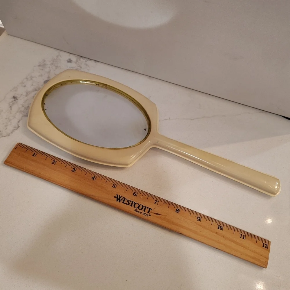 Vintage Bakelite Celluloid Art Deco Style Vanity Hand Mirror Ivory 12.75